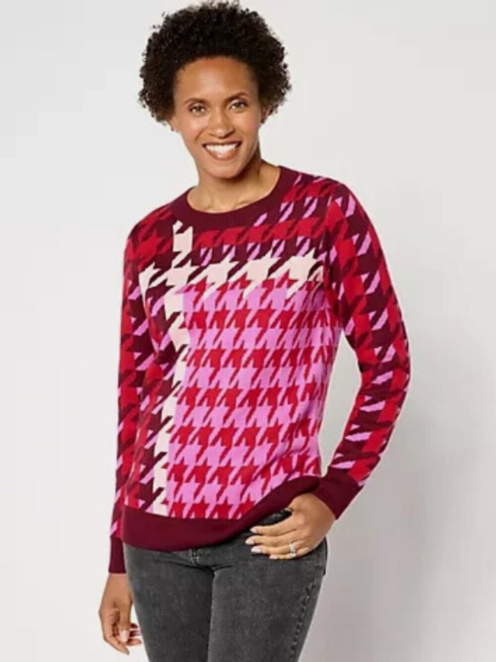 Denim & Co Houndstooth Placed Jacquard Sweater Burgandy Size XL